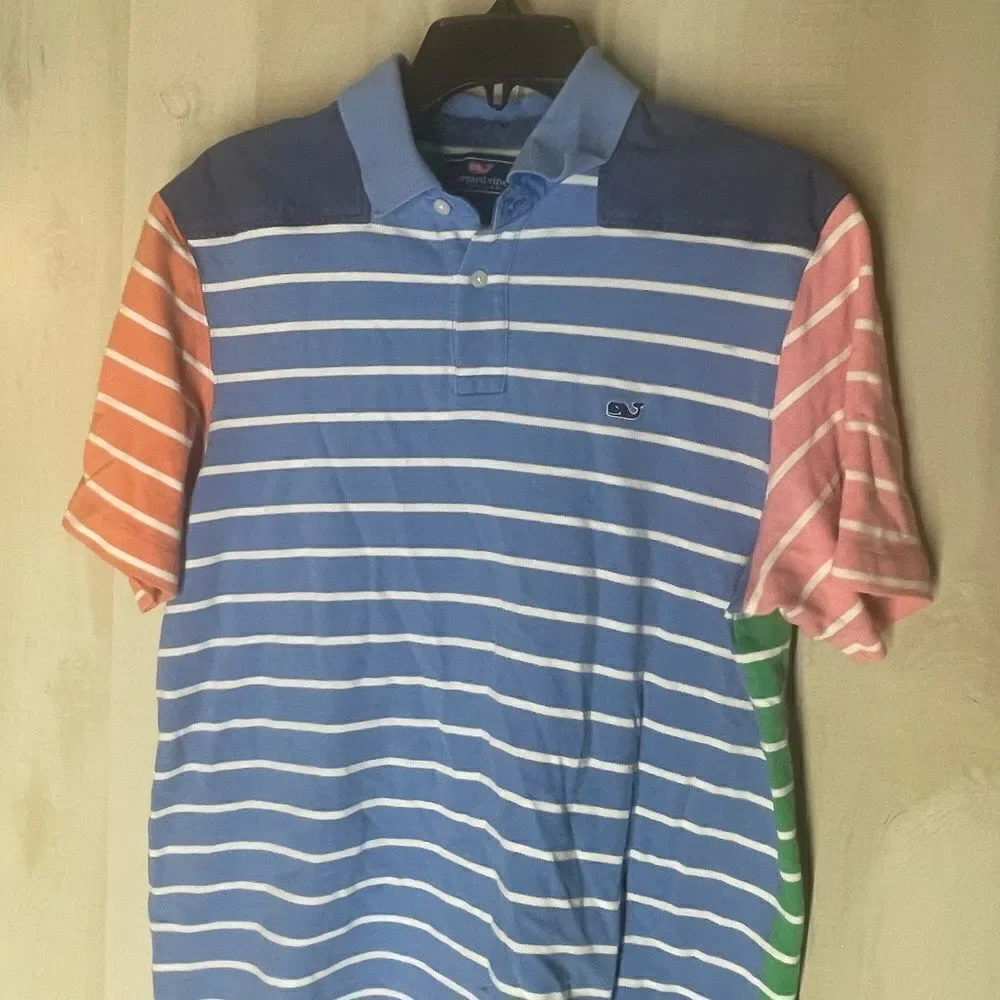 Vineyard Vines blue green‎ pink white shirt sleeve striped polo shirt, medium